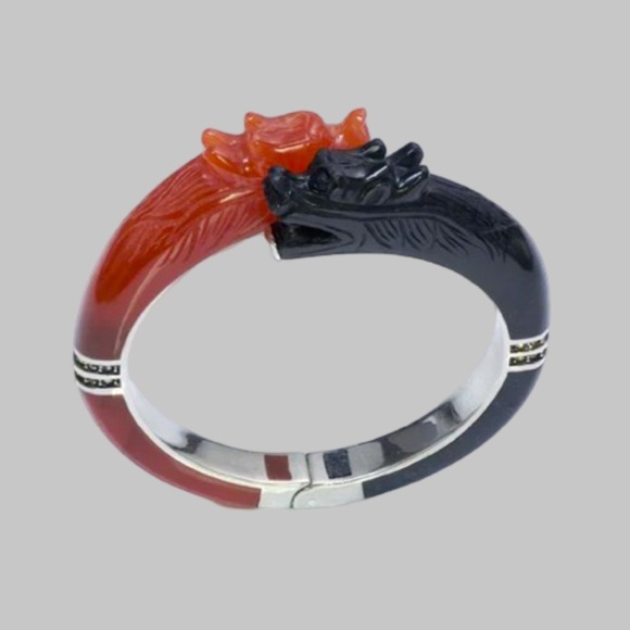 Chinese Dragon Carnelian Onyx Silver Bangle - Picture 7 of 15